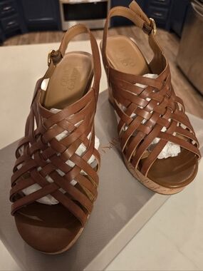 Franco Sarto Tan Brown Woven Leather Wedge Sandals SIZE: 10M